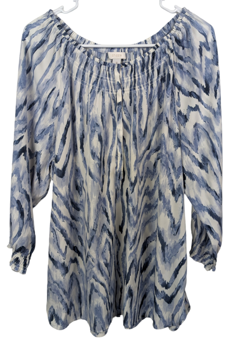 Chicos Womens Blue/White Pattern Half Snap Ruffled Blouse 3/4 Sleeve Size 3